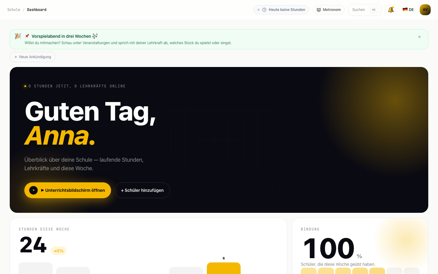 Musicdott-Dashboard mit Begrüßung, nächster Stunde und den Stunden dieser Woche