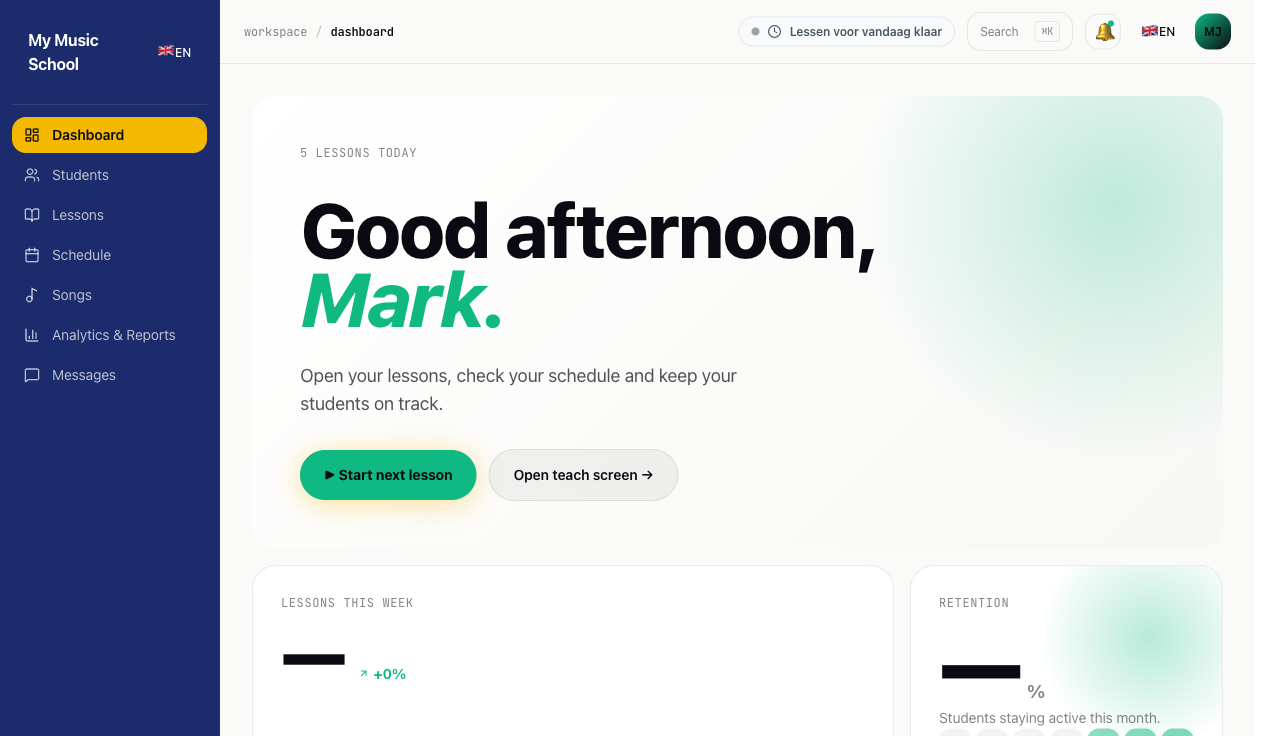 Musicdott dashboard — dark navy sidebar, day agenda and lessons-this-week widget