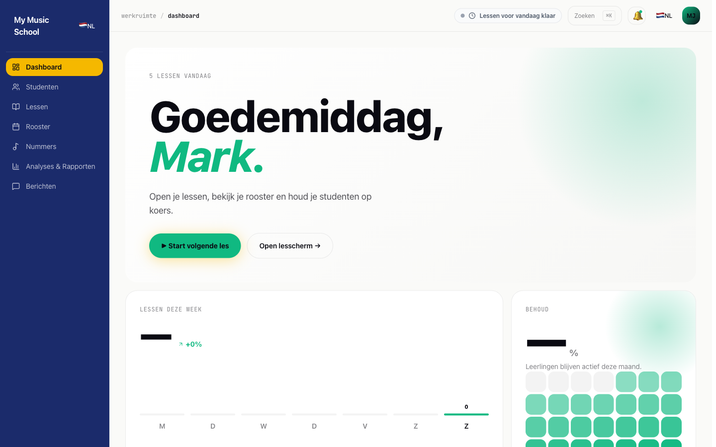 Musicdott dashboard — donkere navy sidebar, dagagenda en lessen-deze-week widget