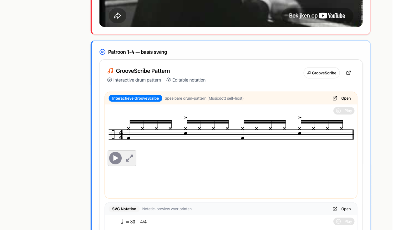 Interactive GrooveScribe pattern inside a lesson, with an SVG notation preview below