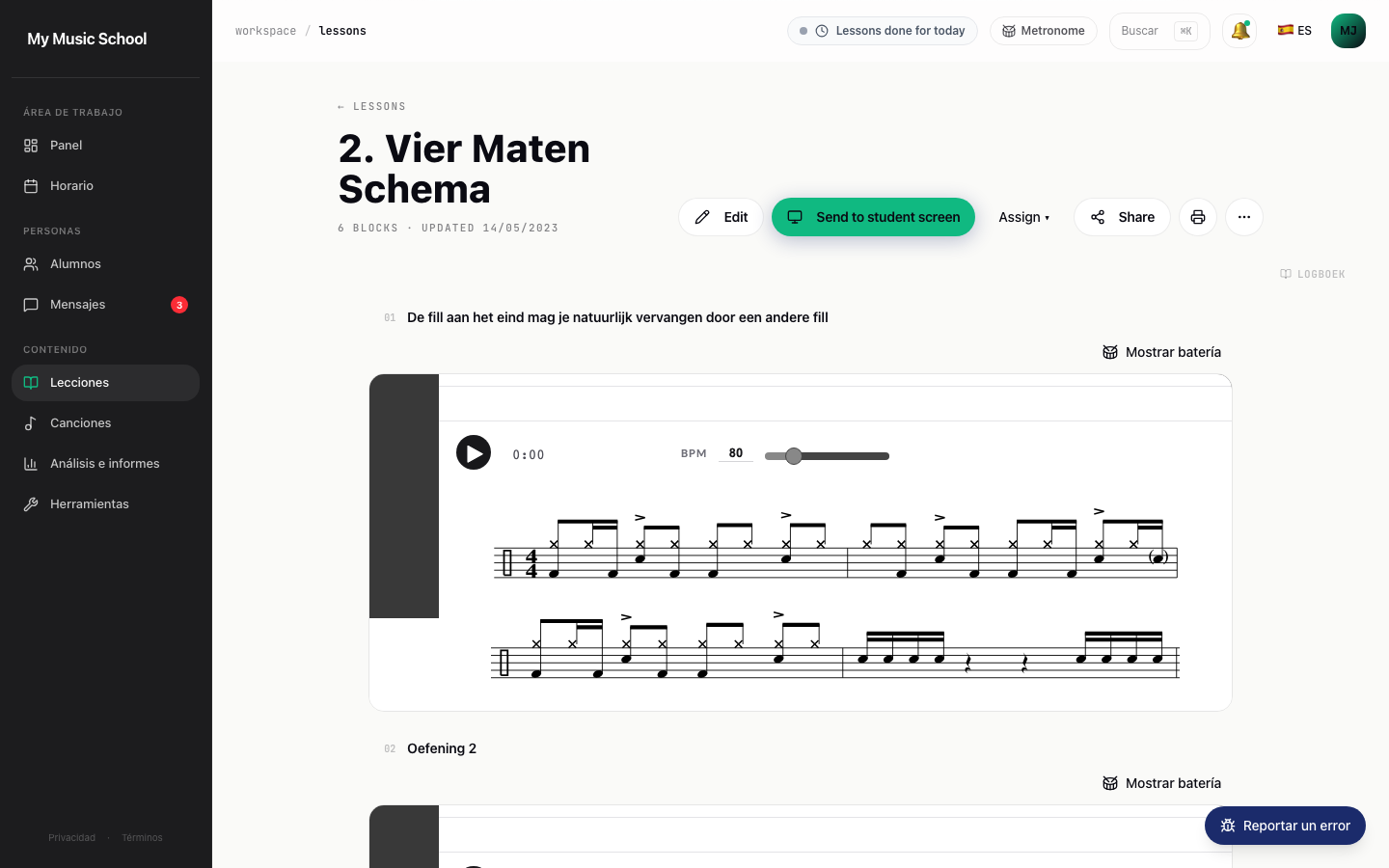 Patrón interactivo de GrooveScribe dentro de una lección, con una vista previa de la notación SVG debajo