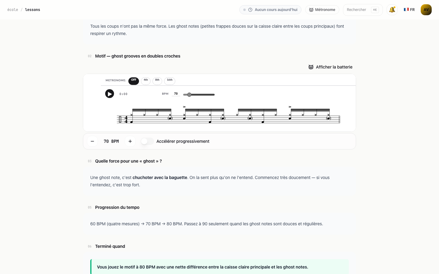 Rythme GrooveScribe interactif dans une leçon, avec un aperçu de la notation SVG en dessous