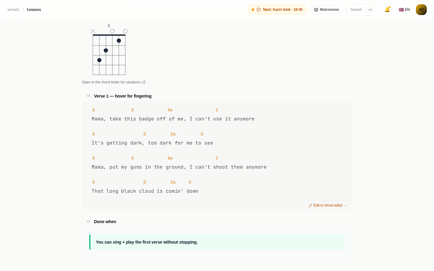 Guitar lesson with chords above the lyrics