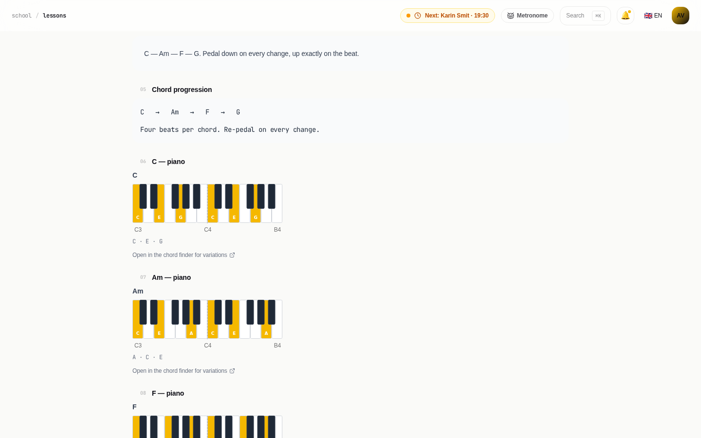 Piano lesson with a chord progression and keyboards lighting up the notes of each chord