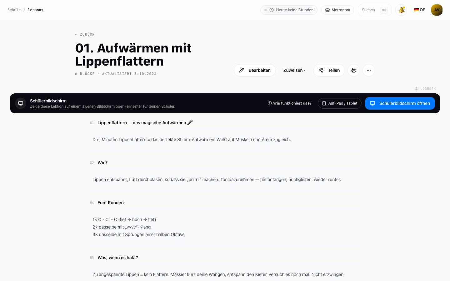 Gesangslektion 'Warm-up mit Lippenflattern' mit dem Button 'Schülerbildschirm öffnen'