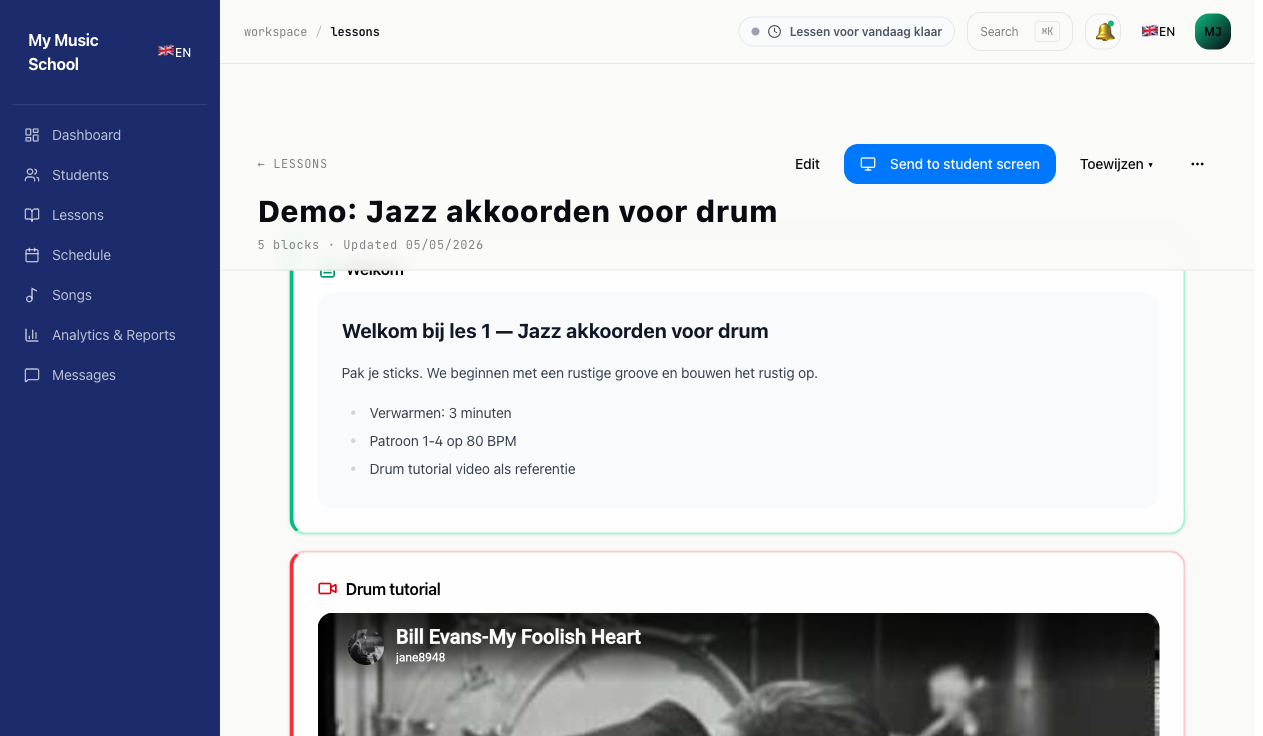 Lesson editor with welcome block and YouTube video, 'Send to student screen' button in the header