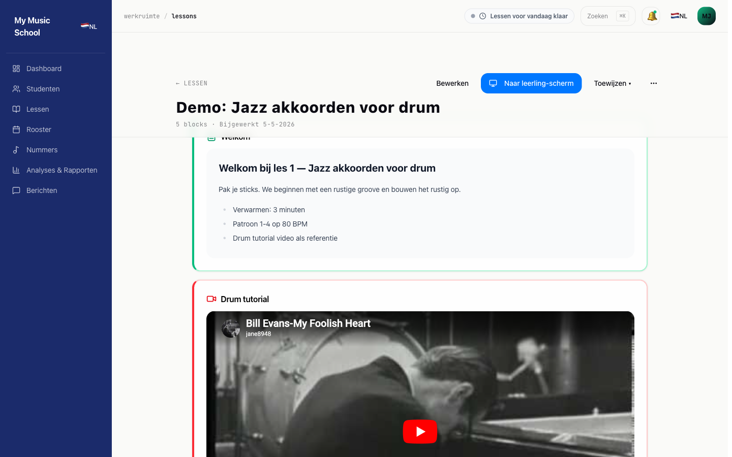 Les-bewerker met welkomstblok en YouTube-video, knop 'Naar leerling-scherm' in de header