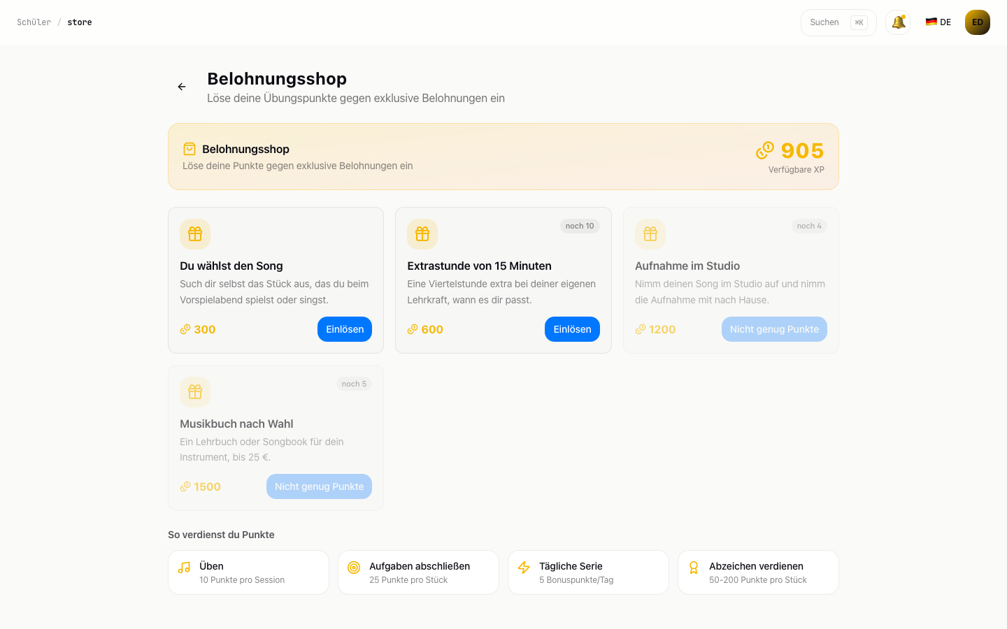 Belohnungsshop der Schülerin Emma de Wit mit einlösbaren XP und Belohnungen wie einer Studioaufnahme und einer Extrastunde