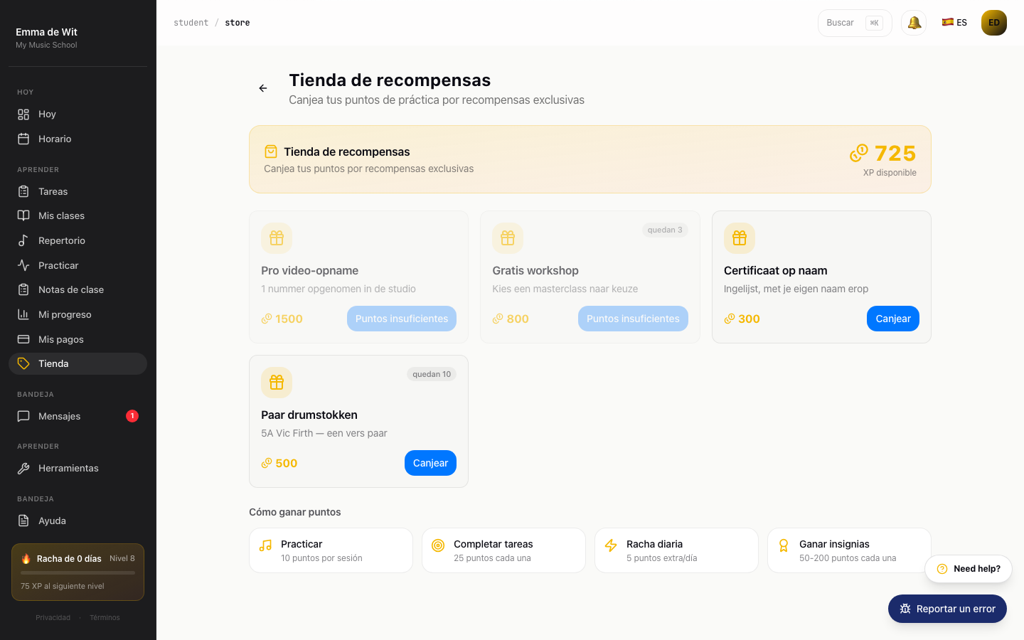 Tienda de recompensas del alumno Emma de Wit con 725 XP disponibles y recompensas como baquetas y un taller gratuito