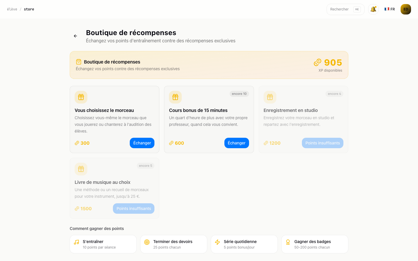 Boutique de récompenses de l’élève Emma de Wit avec XP disponibles et récompenses comme un enregistrement en studio ou un cours bonus