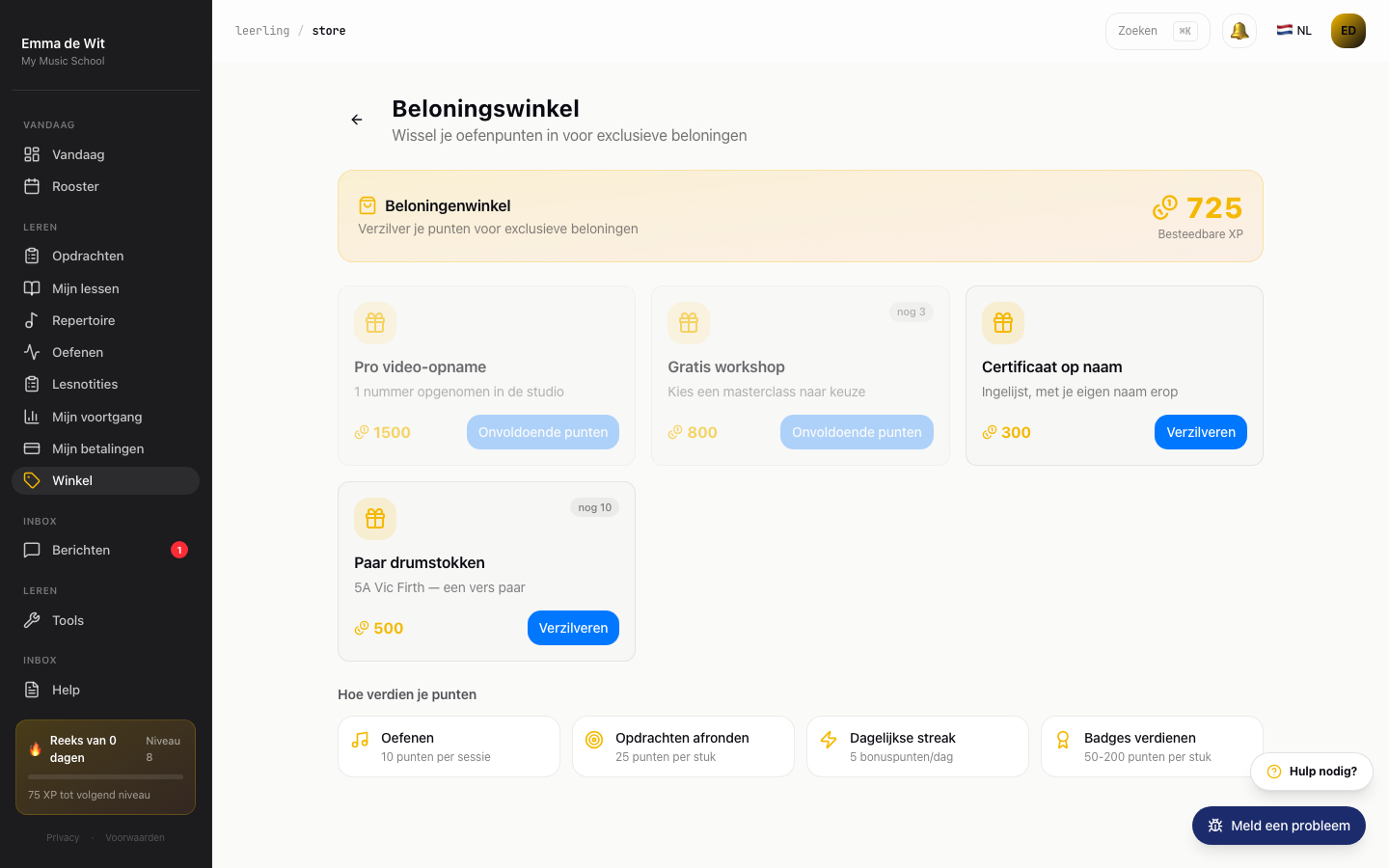 Leerling-beloningenwinkel van Emma de Wit met 725 besteedbare XP en beloningen zoals drumstokken en een gratis workshop