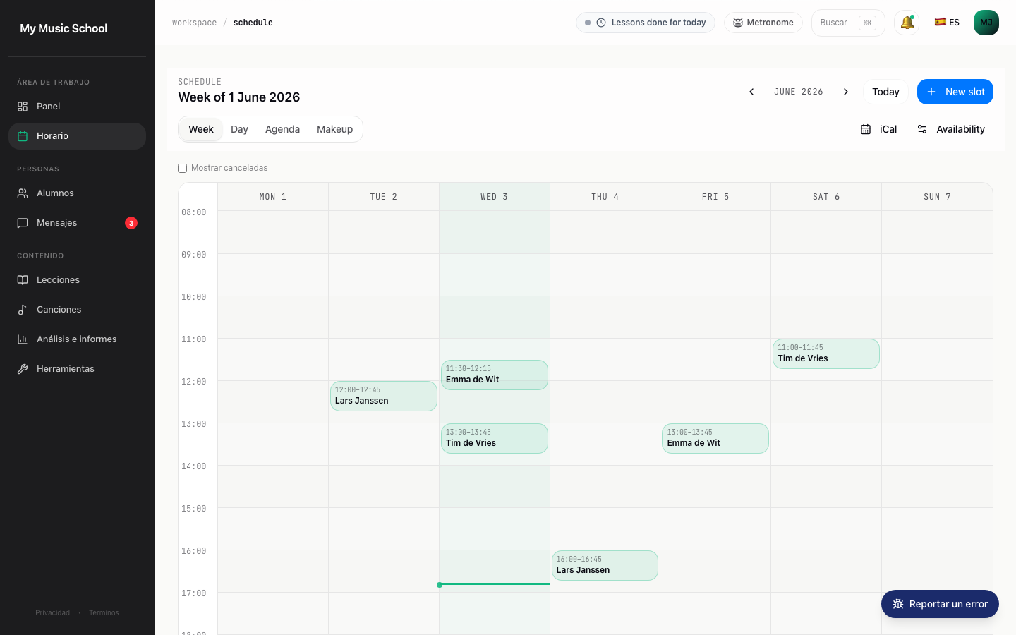 Horario semanal del martes 5 de mayo con cinco clases de batería seguidas