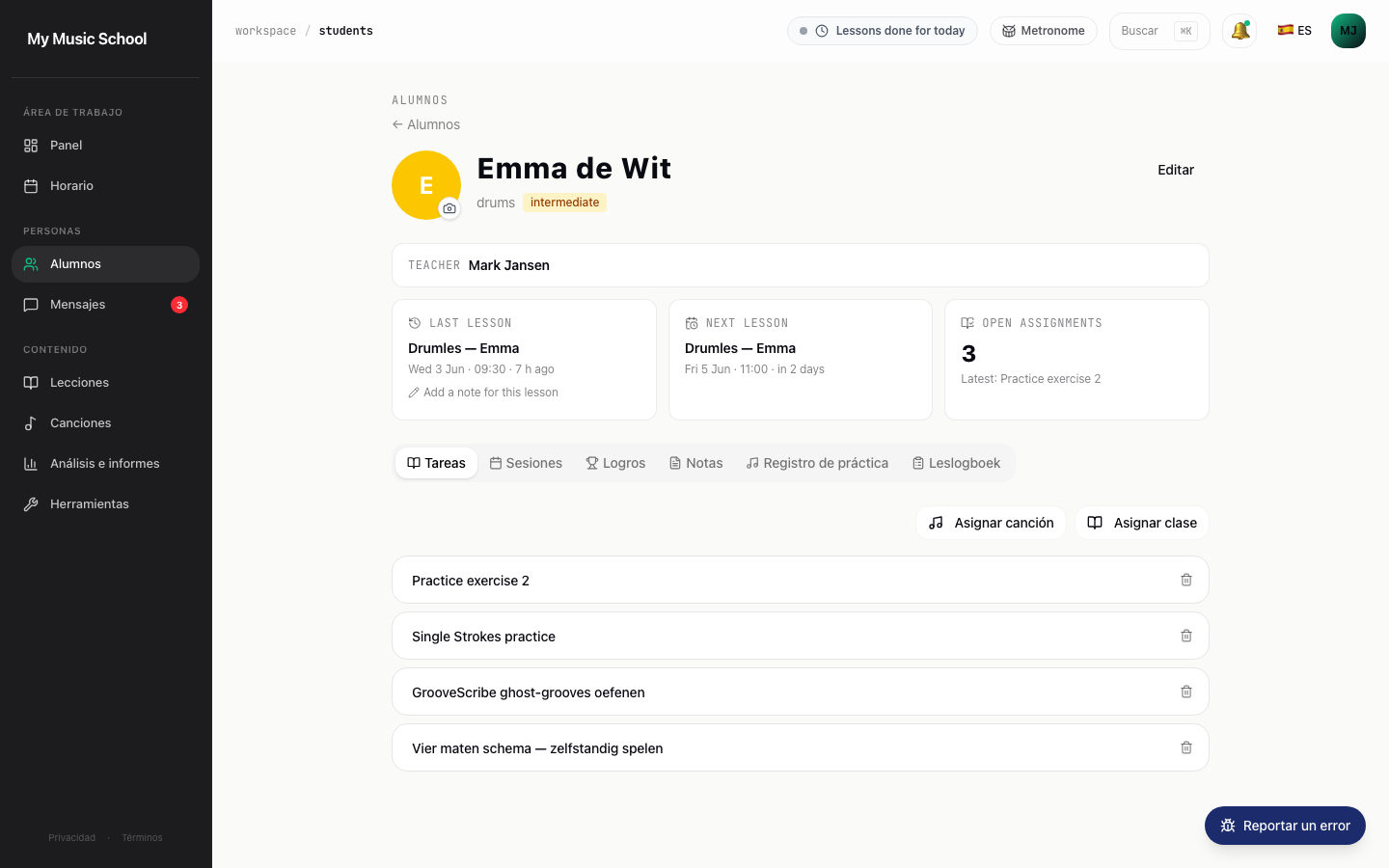 Página de detalle del alumno Emma de Wit, con tarjetas de clase anterior / siguiente clase / tareas abiertas