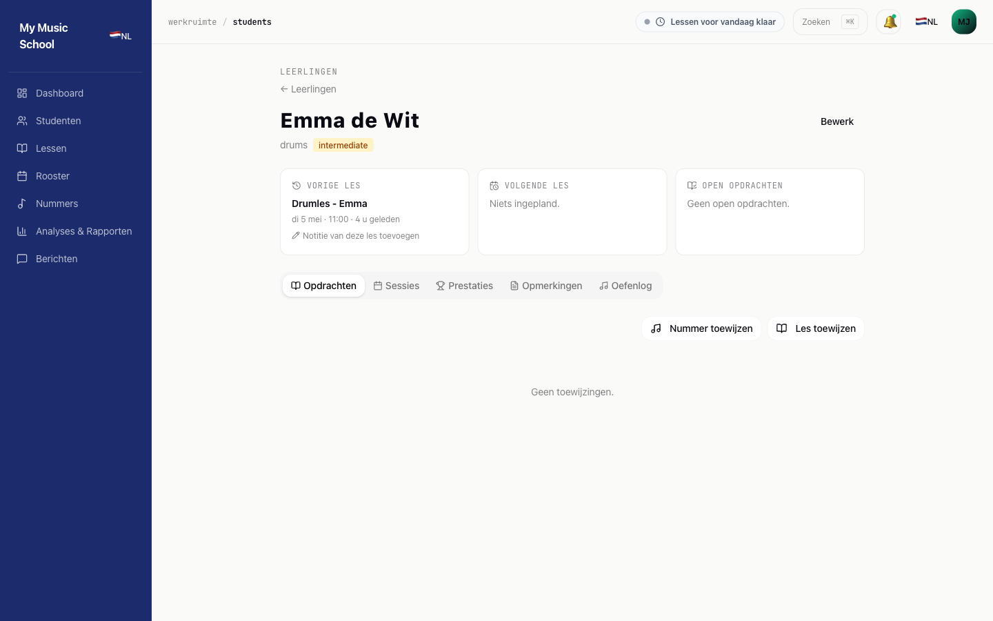 Detailpagina van leerling Emma de Wit, met vorige les / volgende les / open opdrachten kaarten