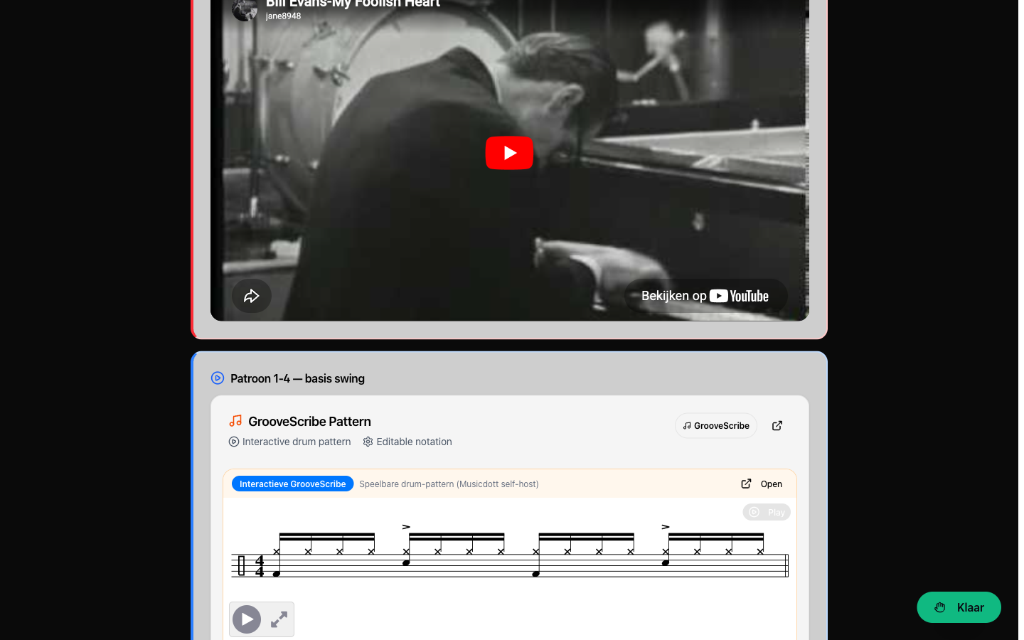 Student screen showing a YouTube tutorial and an interactive GrooveScribe pattern, dark theme