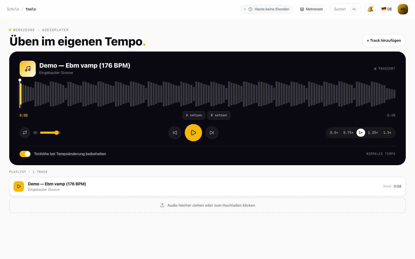 Der Musicdott-Audioplayer mit Wellenform, Tempo und A–B-Loop