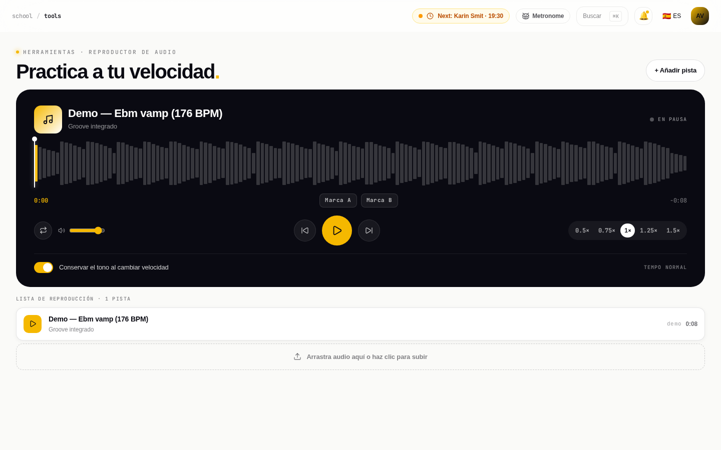 El reproductor de audio de Musicdott con forma de onda, tempo y bucle A–B