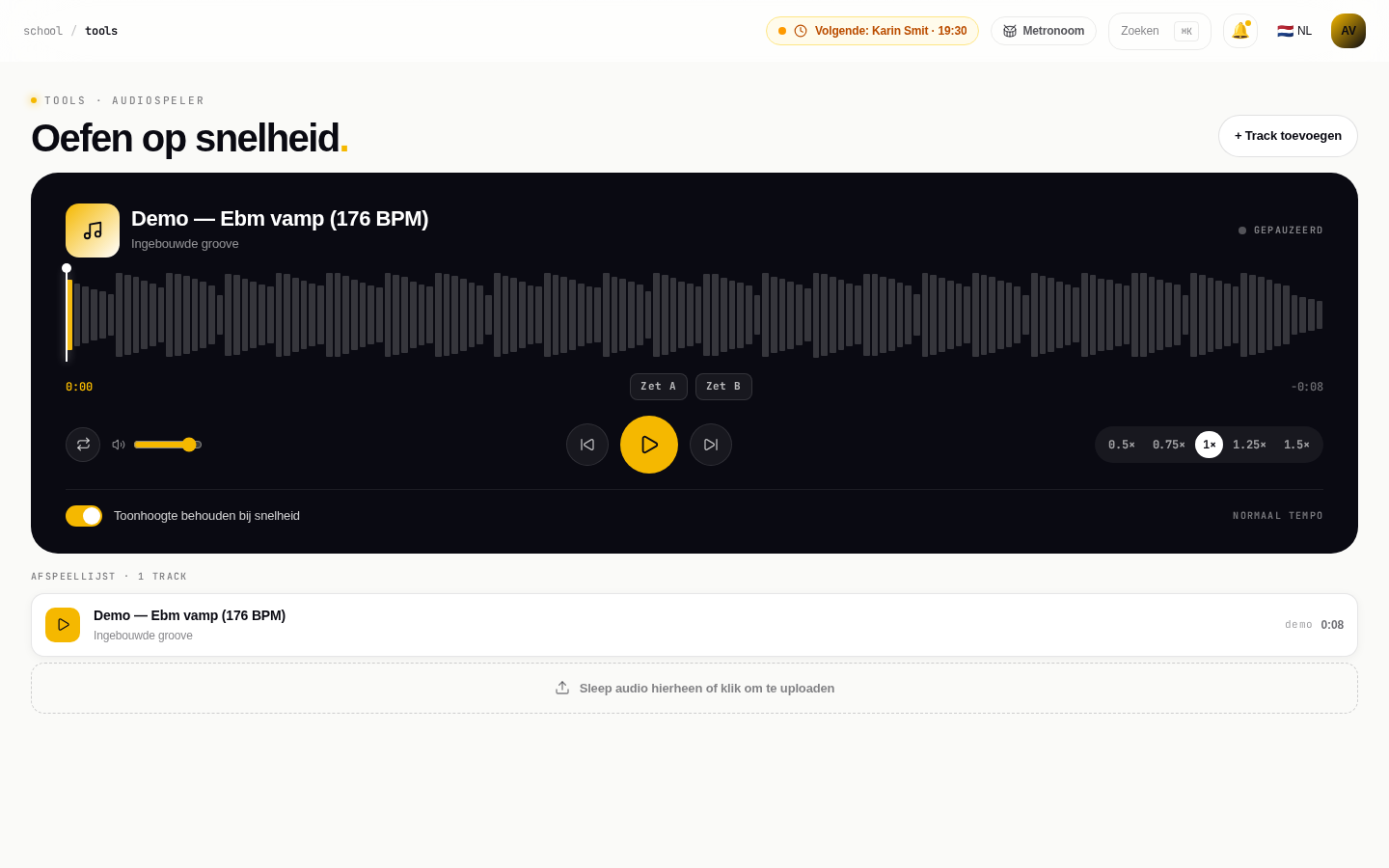 De Musicdott-audiospeler met golfvorm, tempo en A–B-loop